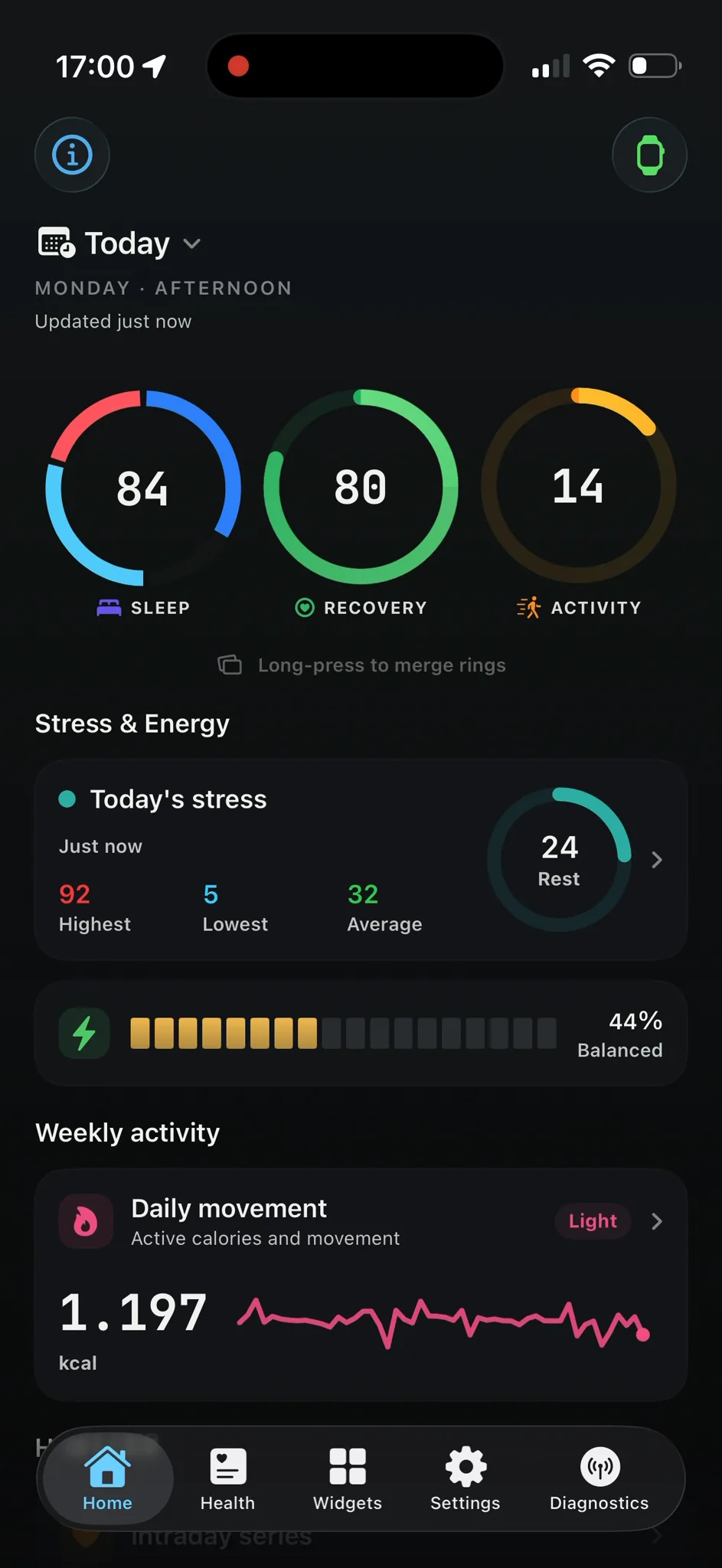 Today screen updated just now with sleep, recovery and activity rings